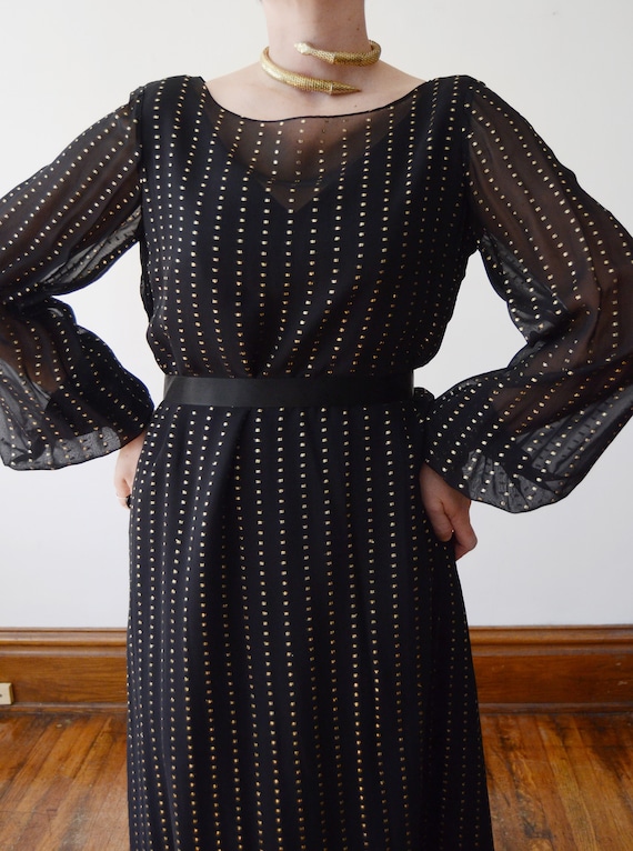 1970s Black and Gold Disco Dress with Bell Sleeve… - image 3