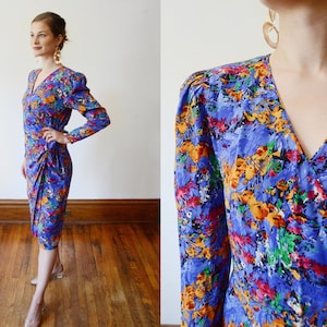 1980s Floral Print Silk Wrap Dress - M