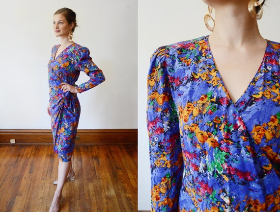 1980s Floral Print Silk Wrap Dress - M