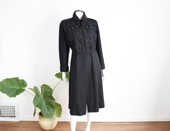 1940s Black Wool and Lamb Princess Coat - M/L