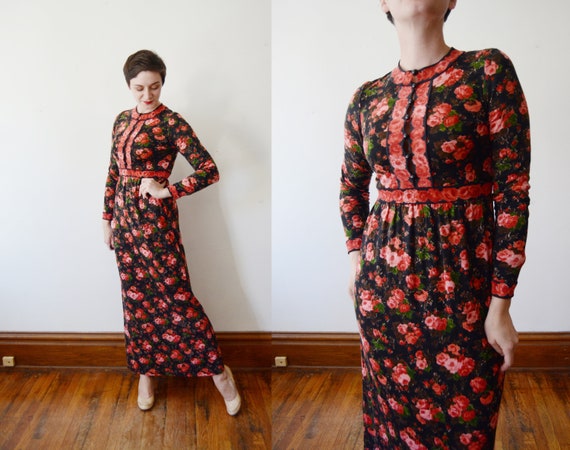 1970s Goldworm Rose Wool Jersey Maxi Dress - S/M