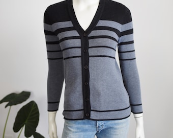 1970s Grey and Black Striped Cardigan - S