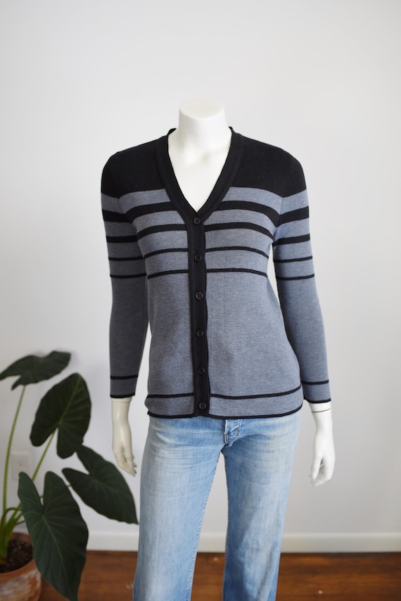 1970s Grey and Black Striped Cardigan - S