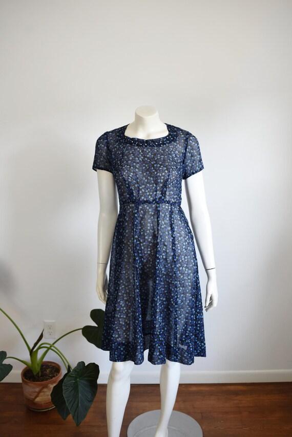1950s Blue Floral Rhinestone Dress - S