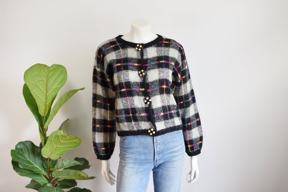 90s Plaid Mohair Cropped Cardigan - S/M