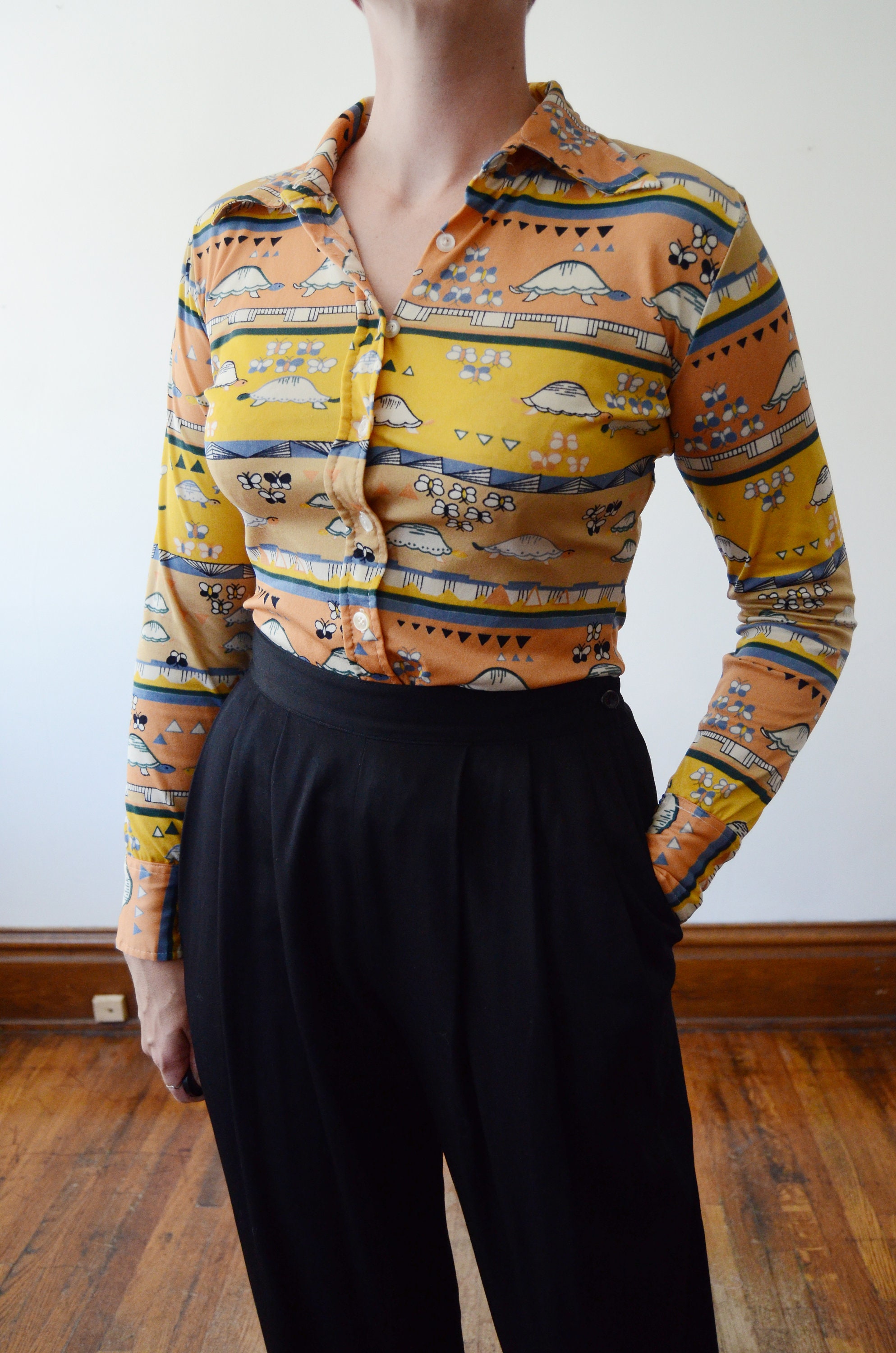 1970s Turtle Time Novelty Disco Blouse - XS