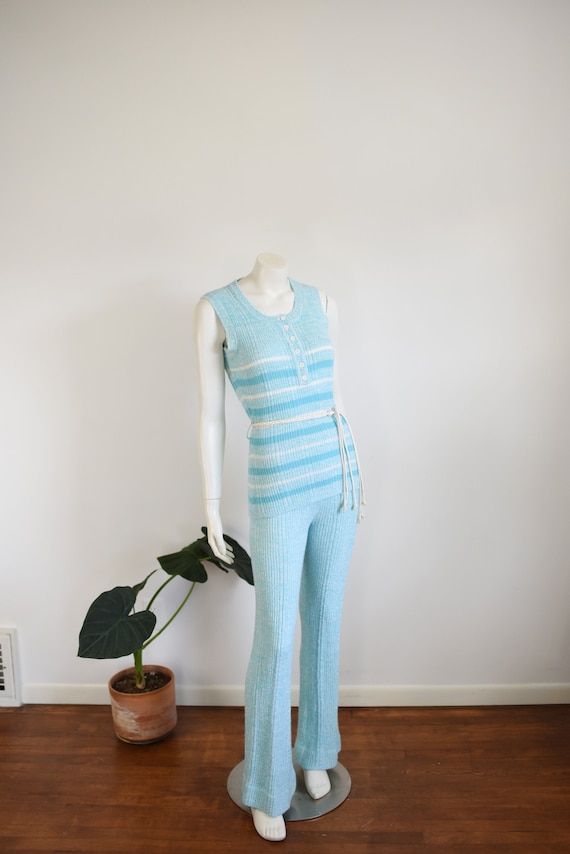 1970s Blue and White Knit Pant Suit - S