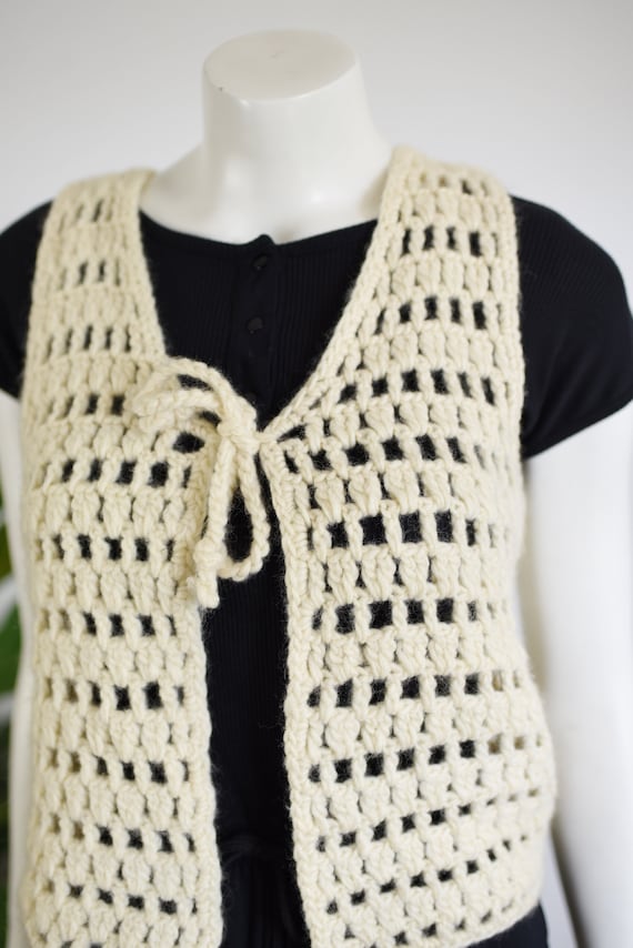 1970s Cream Wool Crochet Vest - S - image 7