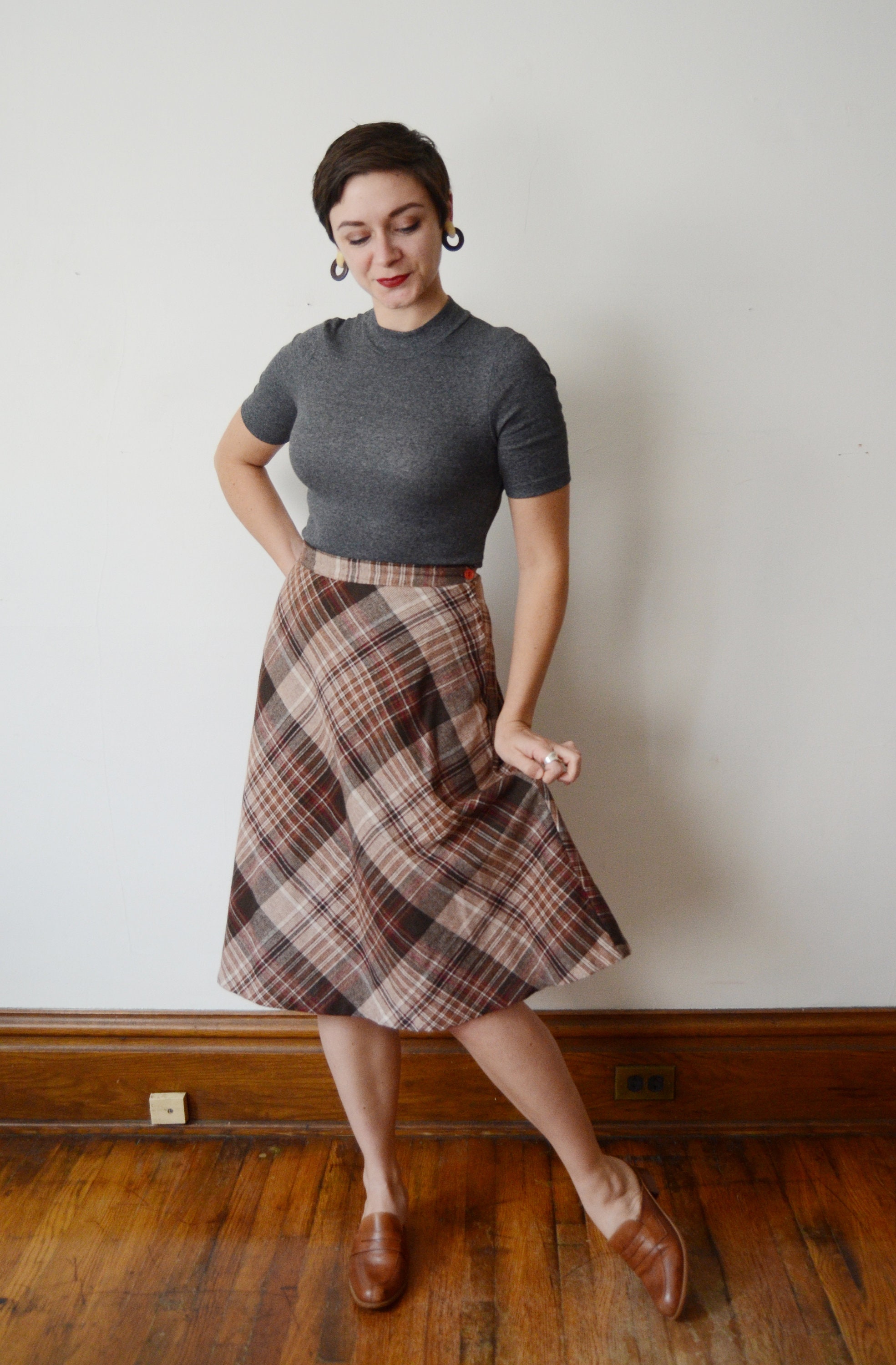 1970s Aline Brown Plaid Skirt - S/M