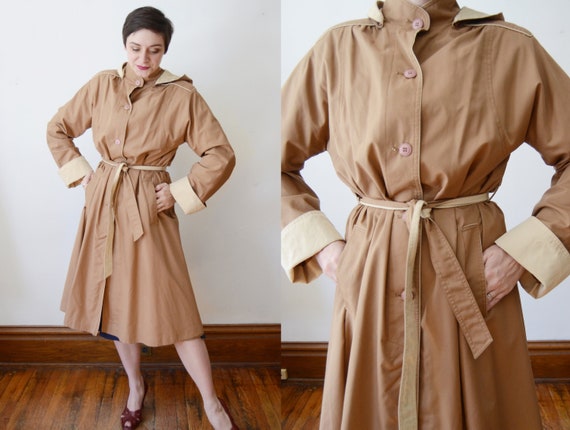 1980s Brown and Tan Trench Coat with Hood - M