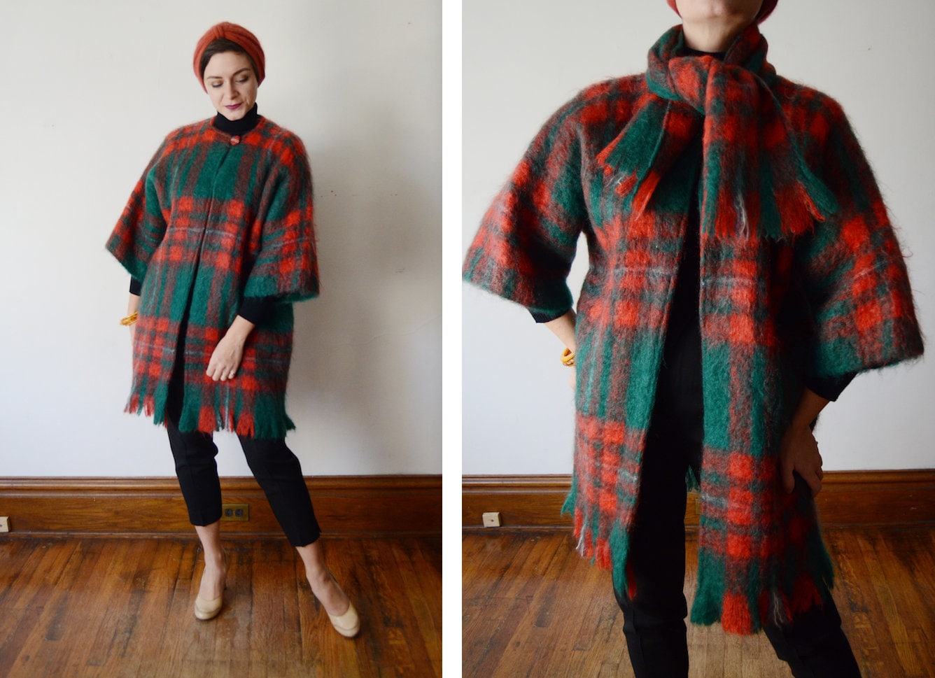 1960s Orange and Green Mohair Plaid Jacket and Scarf - S