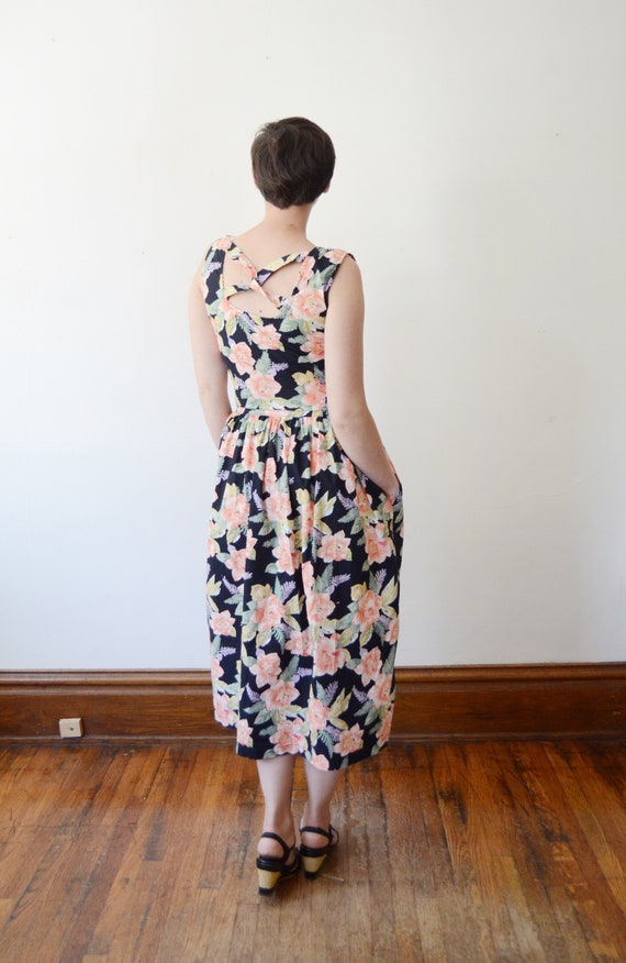 1980s Black Floral Cotton Sundress - S - image 5