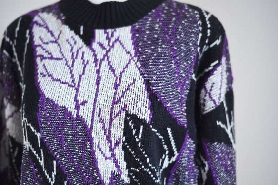 1980s Purple Leaf Print Sweater - M - image 6