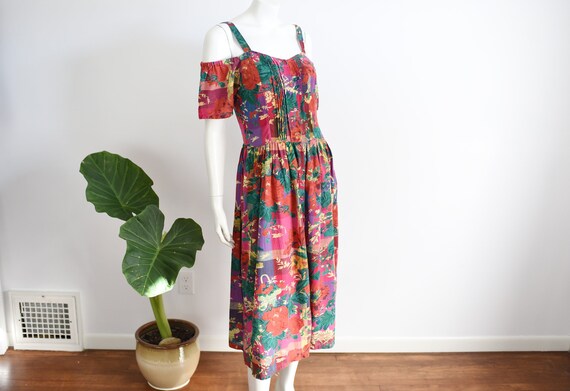 1980s Floral Open Shoulder Sundress - M