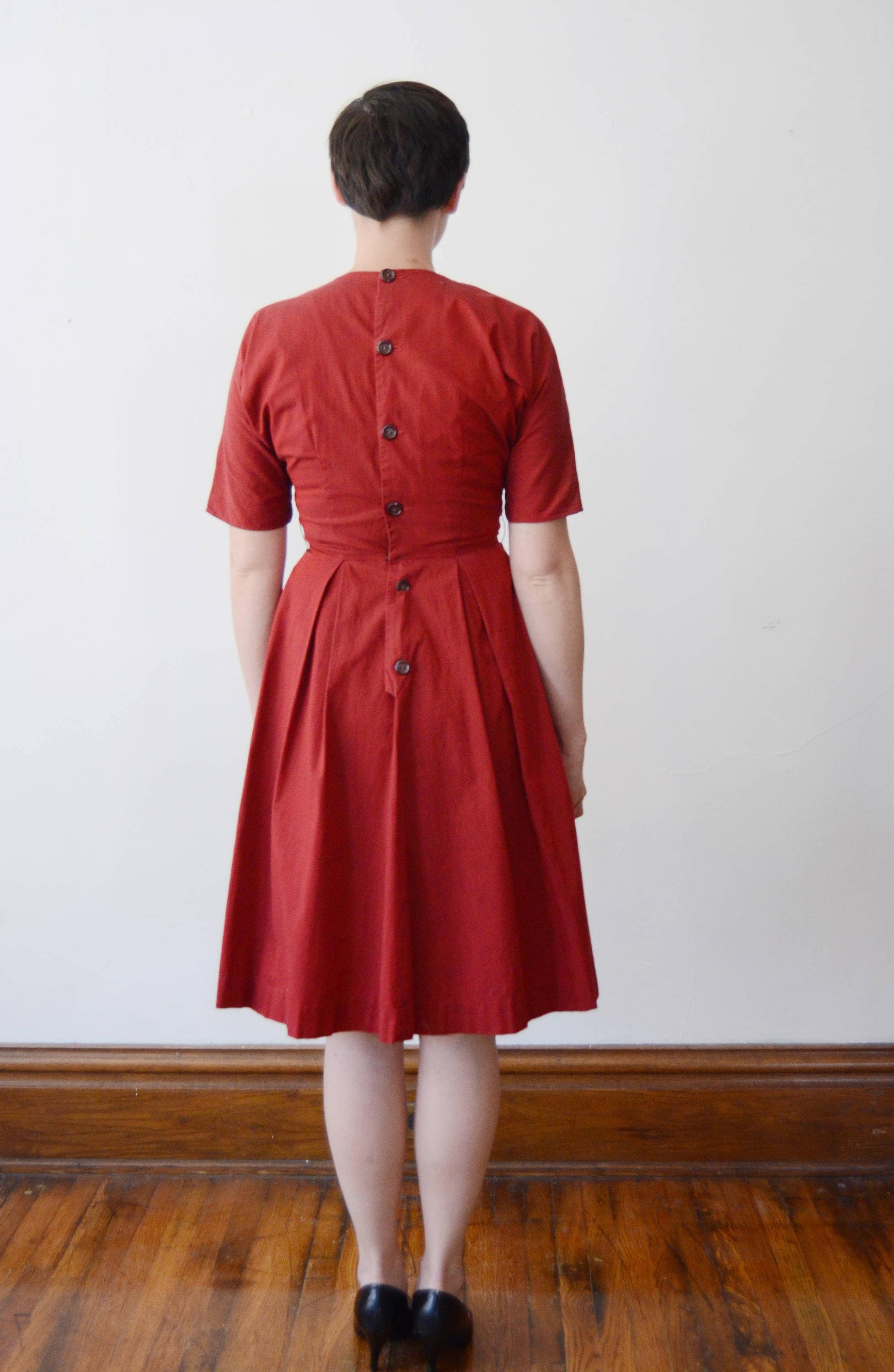 Vicky Vaughn 1950s 1960s Red Button Back Dress with Rhinestones S M