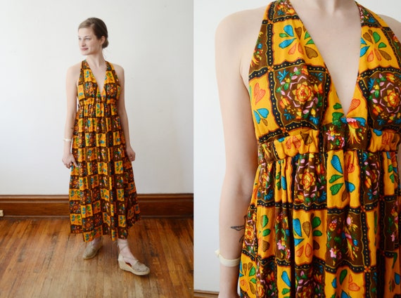 1970s Barkcloth Halter Dress - XS/S