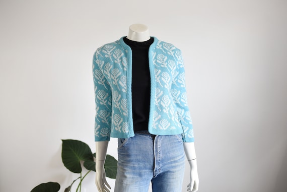 1960s Blue Floral Cardigan - S/M