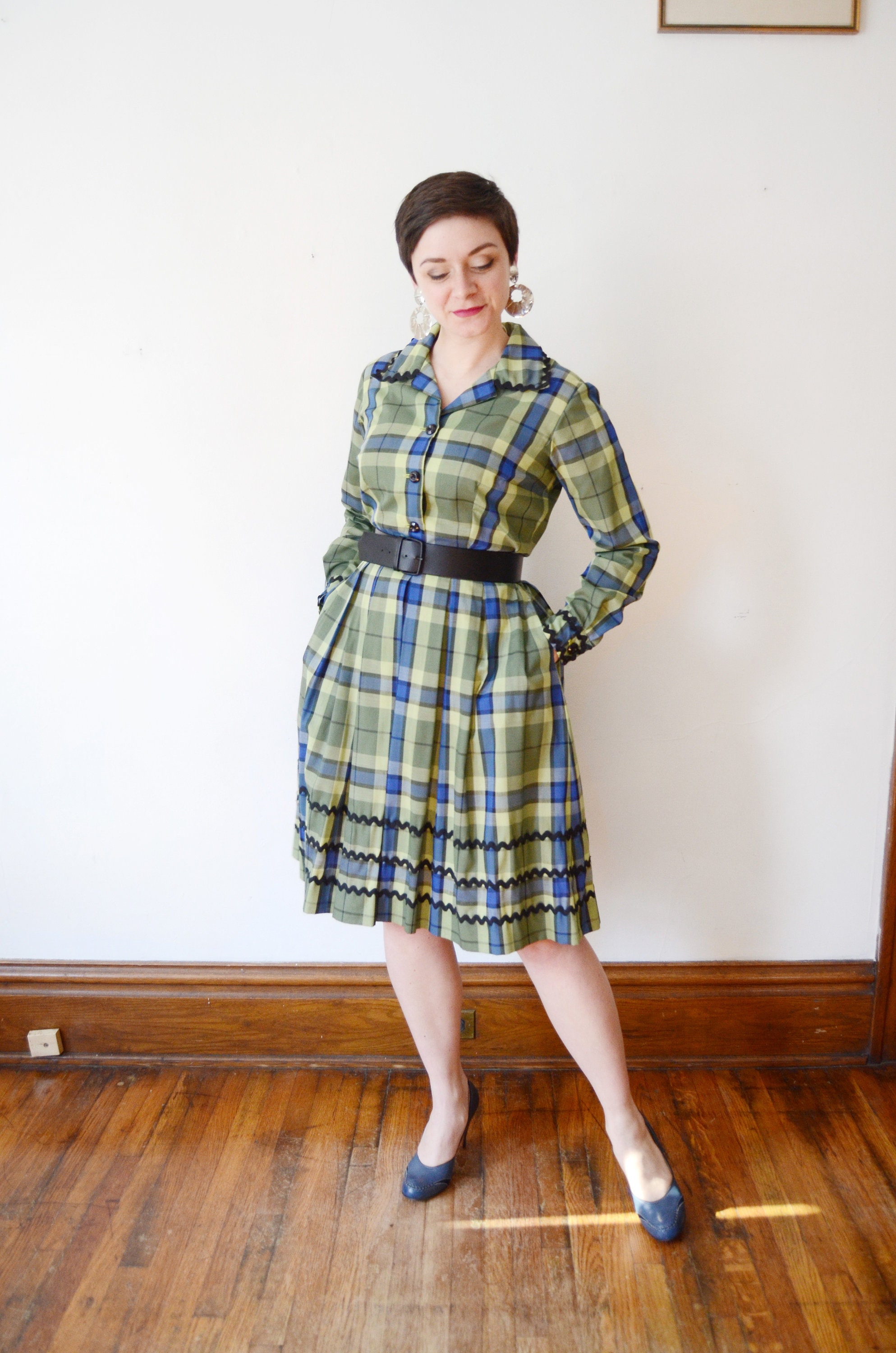 1960s Green Plaid Dress M