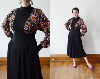 1980s Black Floral Jersey Dress - M