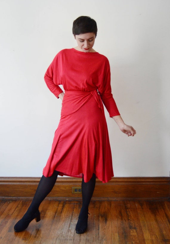 1980s Red Jersey Dress - M