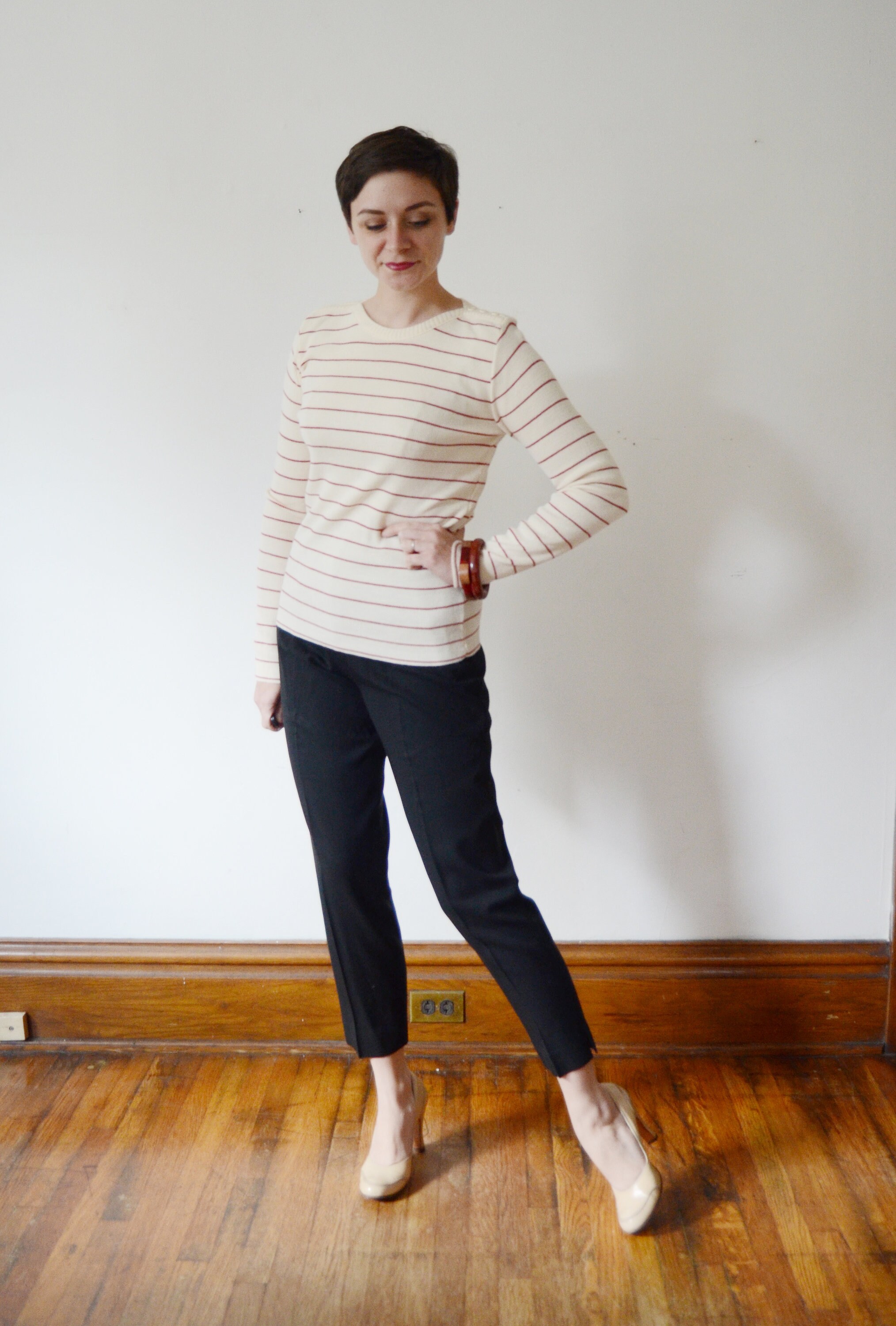 red sweats with white stripe