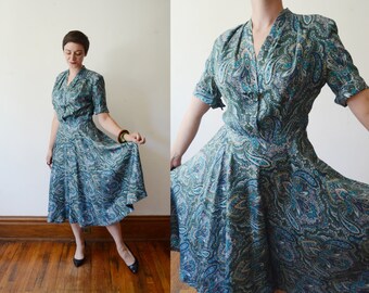 1950s Blue Paisley Dress - S/M