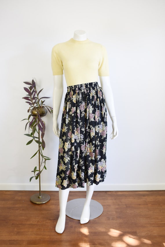 Carole Little 1990s Black Sheer Floral Skirt - M/L - image 6
