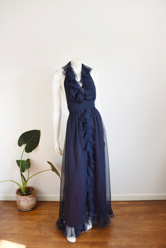 1970s Navy Ruffle Halter Dress - S/M