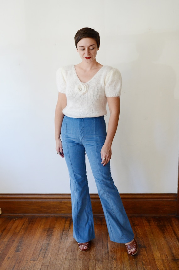 1980s White Angora Puff Sleeve Sweater - S/M