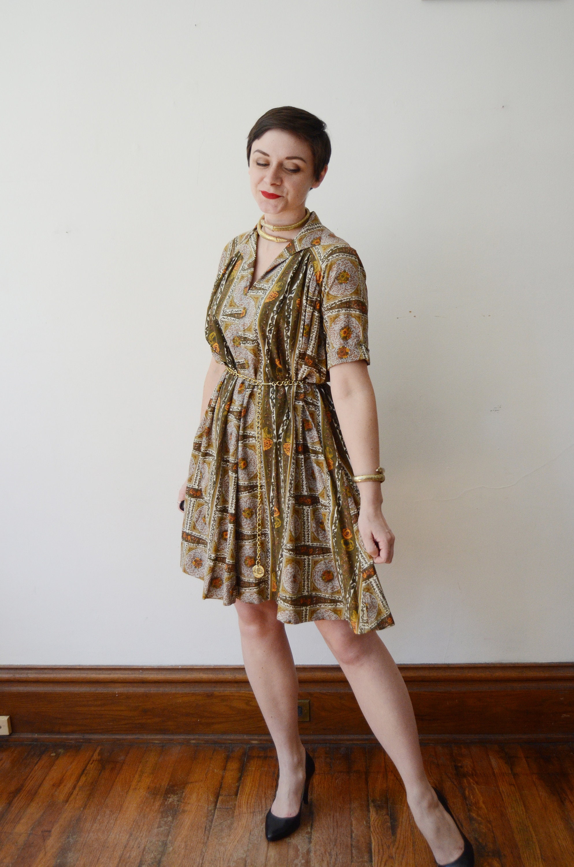 1960s Olive Green Floral Tent Dress - M