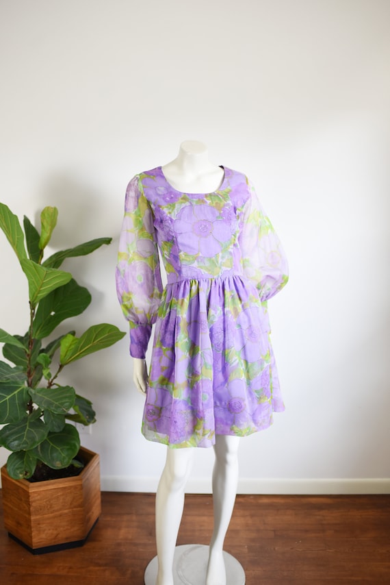 1960s Purple Floral Mini Dress - S - image 2