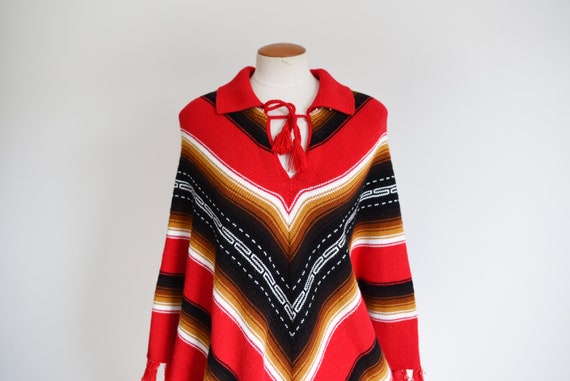 1970s Knit Red Poncho - S/M/L - image 5