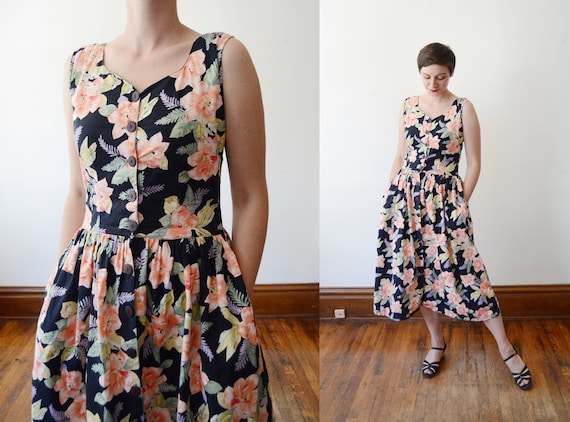 1980s Black Floral Cotton Sundress - S - image 1