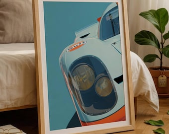Poster vintage con fari da auto da corsa, decorazione murale retrò con livrea, stampa per gare di durata.