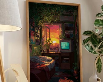 Pixel Art Bedroom Sunset Poster, 8 Bit Retro Room Wall Art, Lo-Fi CRT TV Print, Nostalgic Gaming Decor