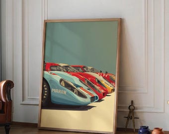 Affiche classique de voiture de course, impression d'art mural sport automobile vintage, illustration de gamme de voitures de course rétro pour garage, bureau ou décoration d'homme des cavernes