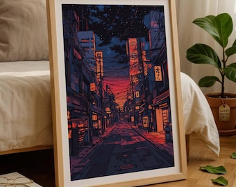 Tokyo Neon Street Poster, Japan Lofi Night Wall Art, Anime Style Print