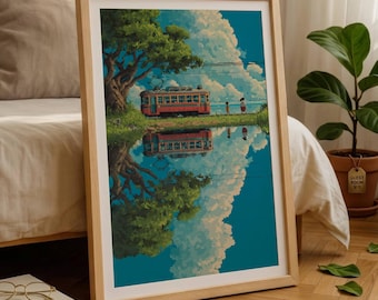Pixel Art Train Reflection Poster, 8 Bit Anime Landscape Print, Retro Whimsical Wall Art, Dreamy Gaming Room Decor