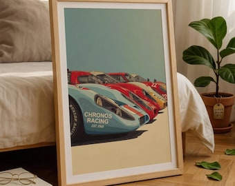 Poster di auto da corsa classiche, stampa artistica vintage per sport motoristici da parete, illustrazione di una fila di auto da corsa retrò per decorare garage, ufficio o "man cave".