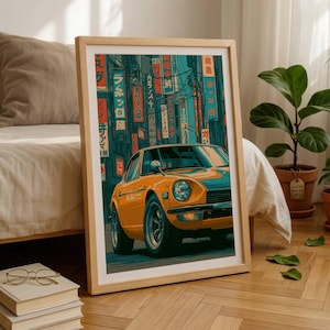 May include: A framed art print featuring a yellow sports car parked on a city street at night, surrounded by tall buildings with glowing red and blue Japanese neon signs. The car is angled toward the viewer, showcasing its round headlights.