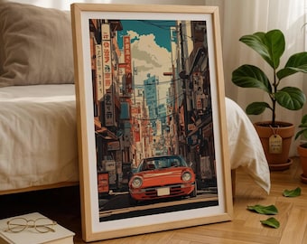 Affiche de voiture de rue japonaise, art mural voiture de sport rétro, affiche de rue de Tokyo, impression voiture vintage, art mural ville Japon, cadeau pour amateur de voitures