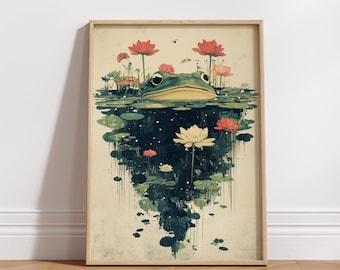 Frog Pond Poster, Water Lily Botanical Art Print, Cottagecore Nature Decor