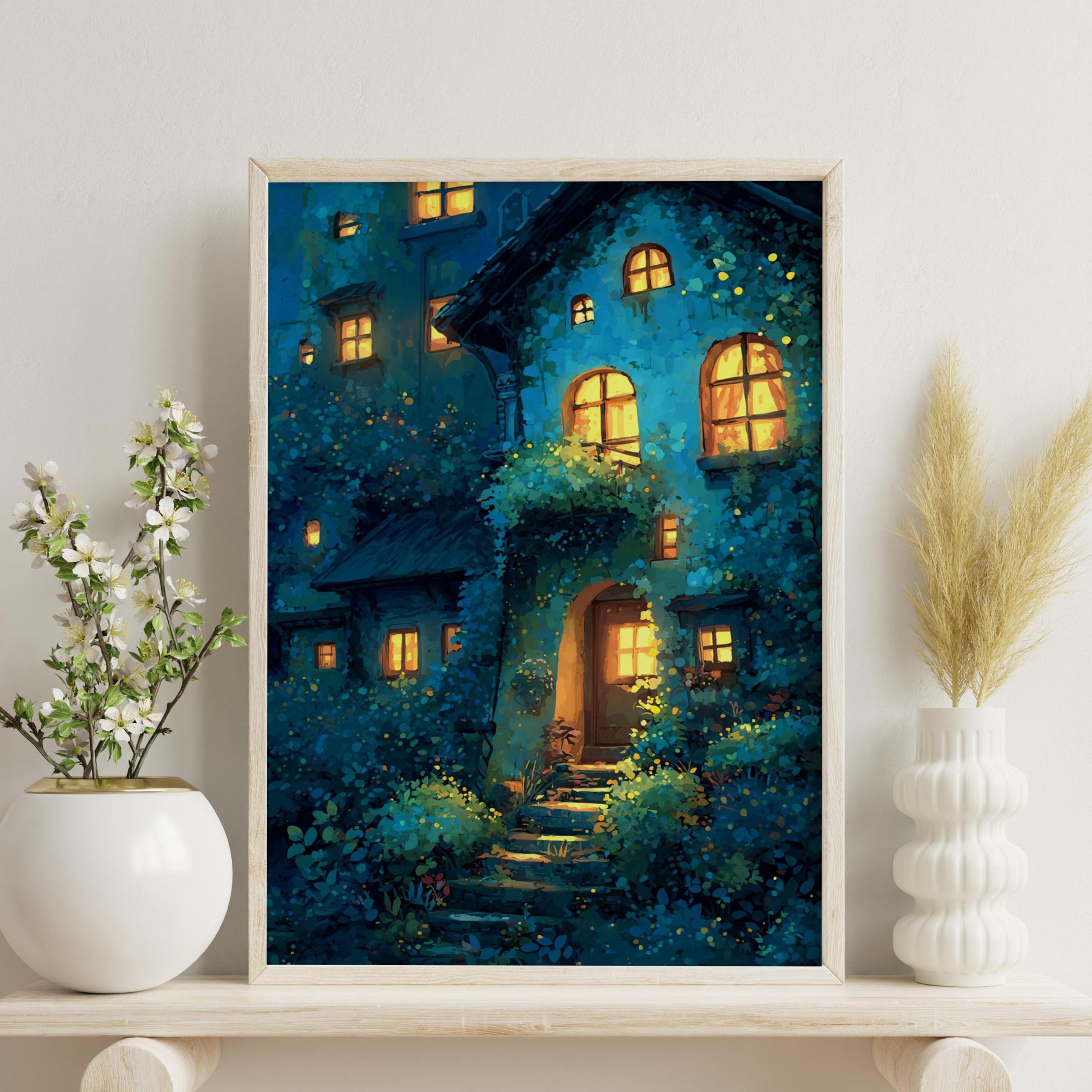 Whimsical Cottage Poster | Glowing Window Fairy House Art Print