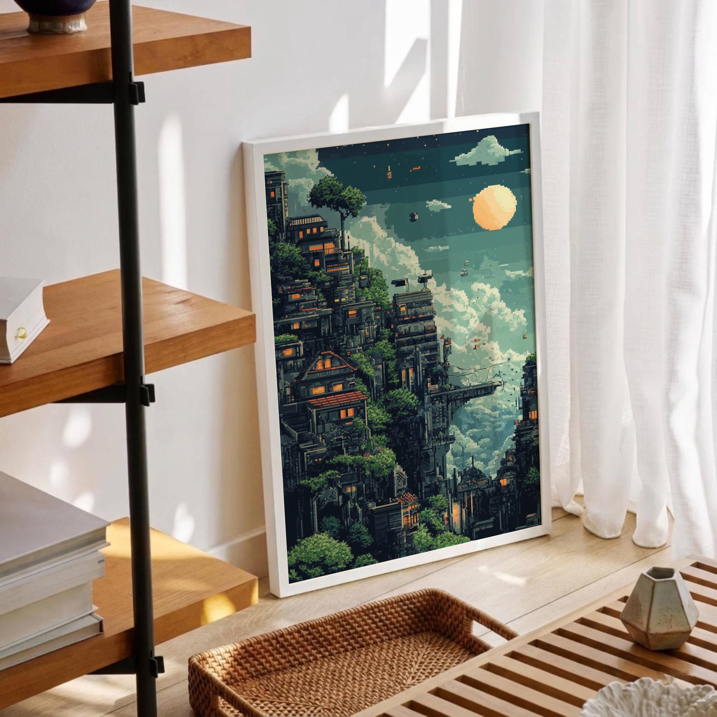 ピクセルアートの浮遊都市ポスター、レトロな8ビットウォールアート
