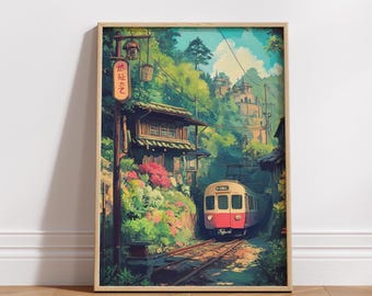 Zugreise im Anime Stil Matte Poster | Vintage Reise Dekor | Natur Wand Kunst | Büro Ästhetik | Digitaler Download | Japanische Kunst