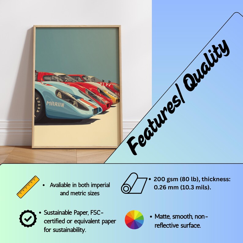Peut inclure: Impression d'art encadr&eacute;e repr&eacute;sentant une rang&eacute;e de voitures de course vintage bleues, rouges et jaunes. L'impression a un fond bleu clair et un cadre beige. Disponible en tailles imp&eacute;riales et m&eacute;triques.