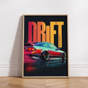 May include: A framed art print featuring a stylized illustration of a drifting sports car. The car is rendered in vibrant colors, with the word "DRIFT" in large, bold letters above it. Japanese text is also present.