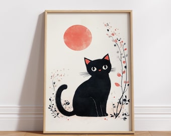 Black Cat Wall Art, Minimalist Cat Poster, Cute Cat Print, Modern Animal Wall Art, Cat Lover Gift Decor