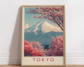 Tokyo Travel Poster, Mount Fuji Japan Print, Japan Wall Art, Cherry Blossom Poster, Vintage Travel Poster Japan