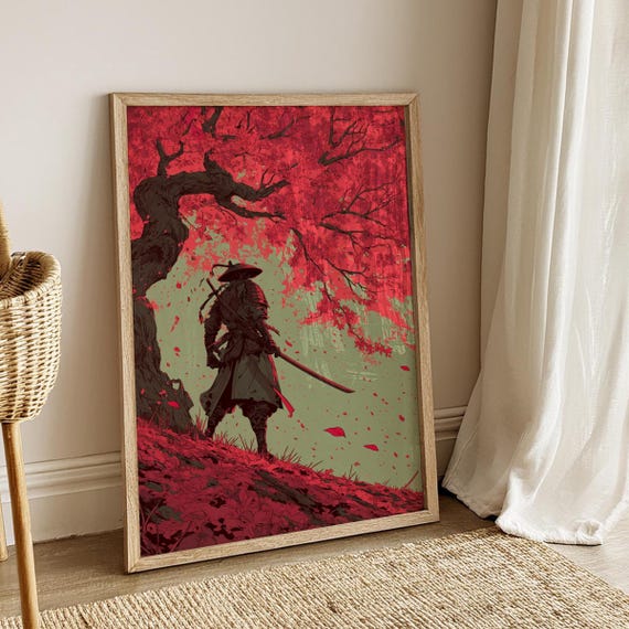 Samurai Cherry Blossom Poster, Ronin Warrior Japanese Art - Etsy